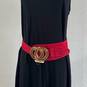 NWT Vintage Monise Red Suede Leather Belt with Intricate Gold Buckle One Size